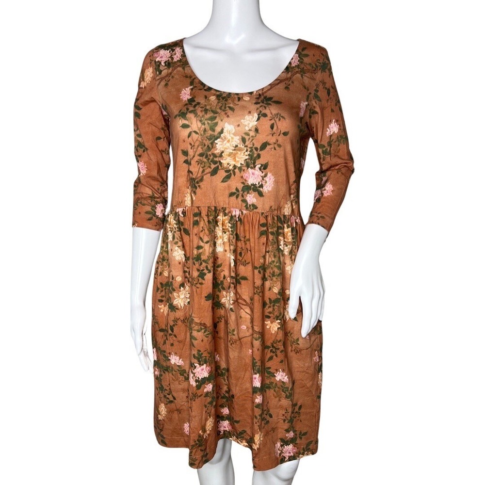 Peruvian Connection Pima Cotton Floral V Neck Midi Dress Pocket Bohemian Size XS